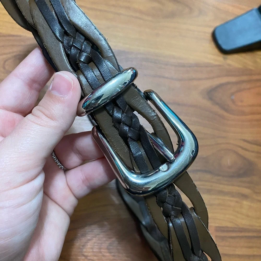 Genuine leather braided brown belt silver tone buckle boho western classic small